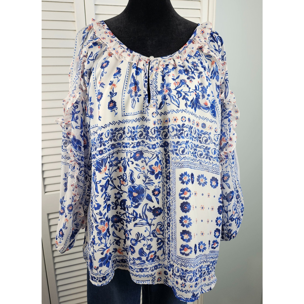 3/$20 Cato Boho Top Large Blue Floral Sheer Sleeve